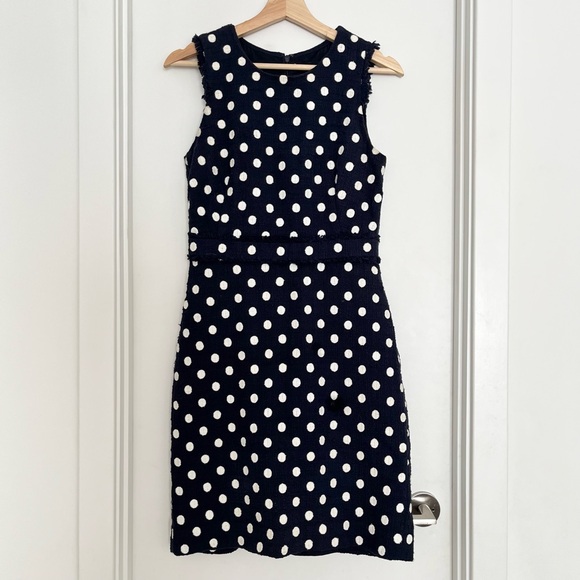 J. Crew Dresses & Skirts - J.Crew Boucle Sheath Dress Size 4 Navy Polka Dots Elegant Preppy Wedding Guest
